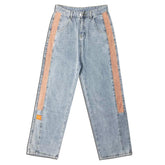 Pantalones holgados de cintura alta retro con líneas laterales de mezclilla azul melocotón